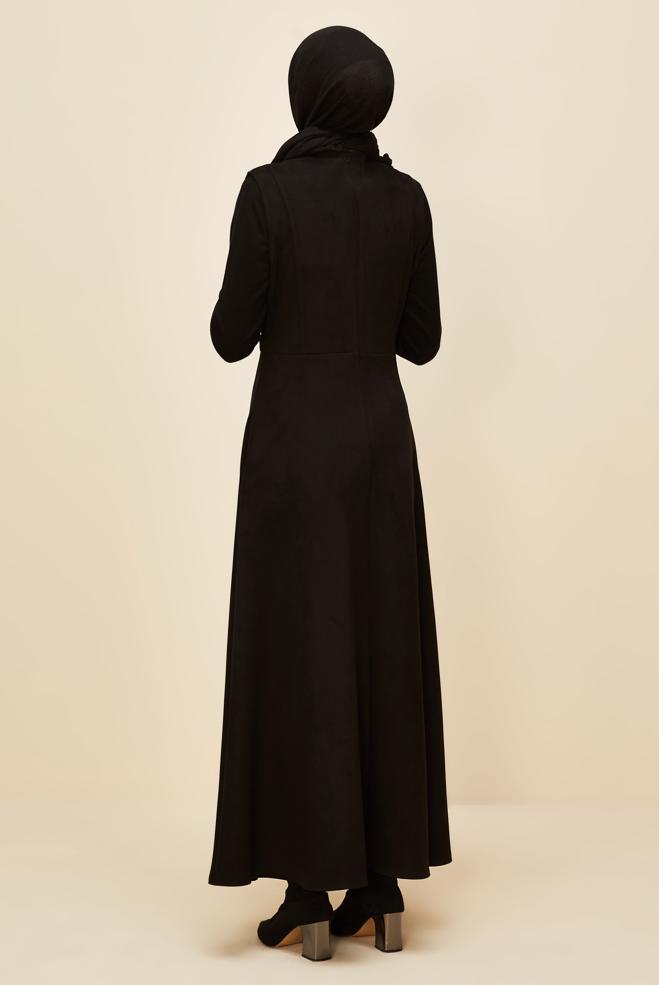 Vêtements hijab NOIR ROBE CHASUBLE EN DAIM 45947 - ALVİNA