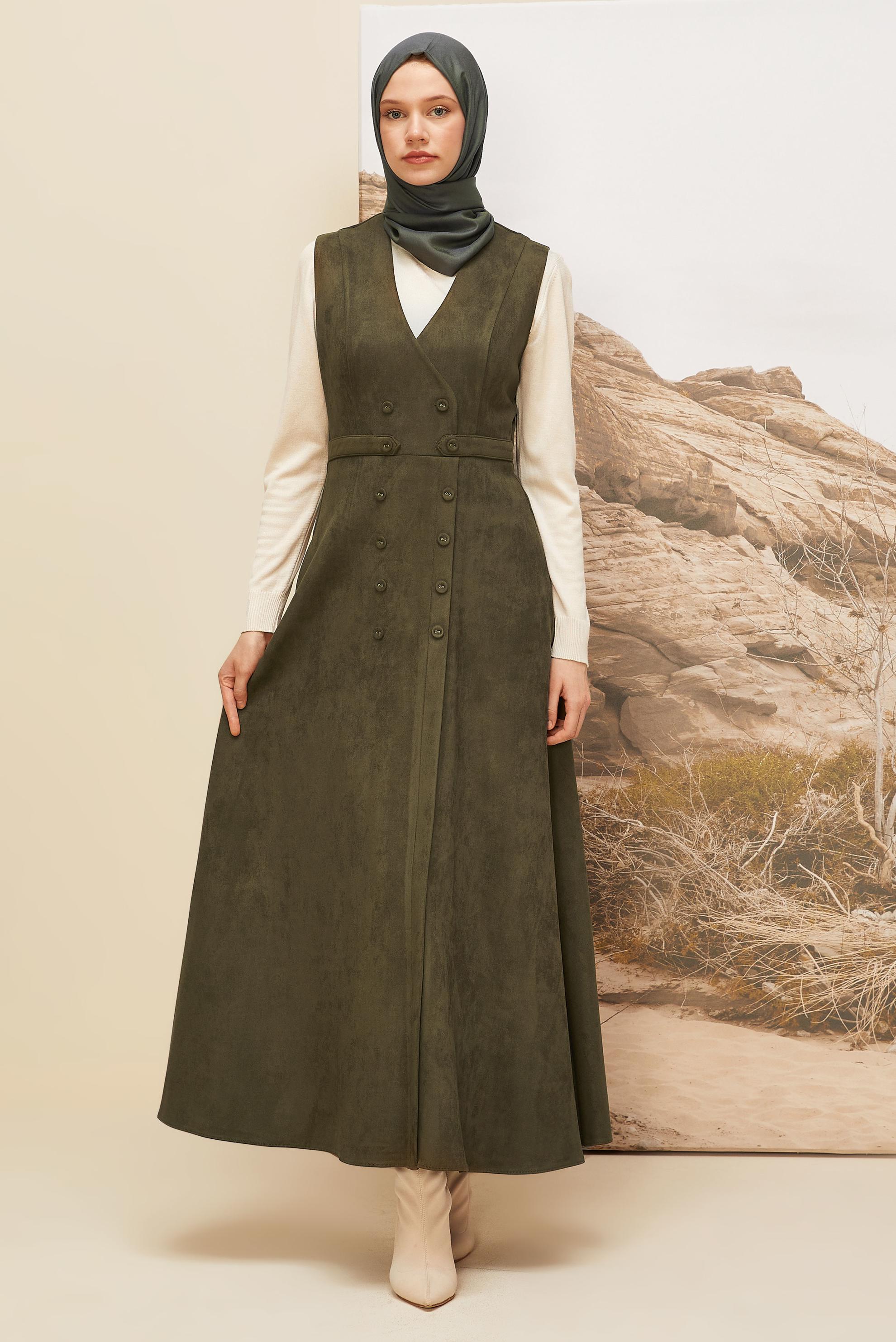 Tesettür giyim HAKİ SÜET JİLE ELBİSE 45947