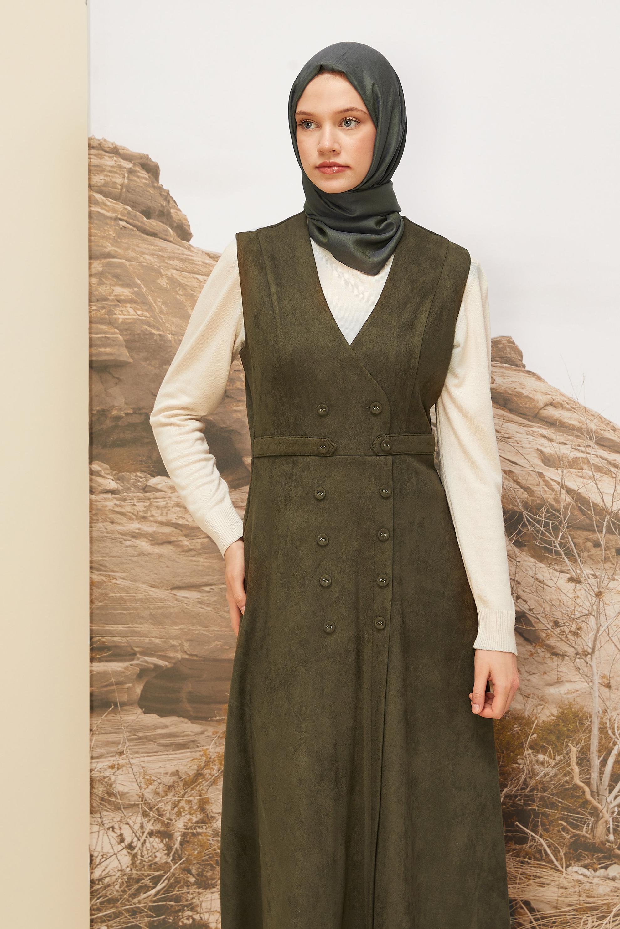 Tesettür giyim HAKİ SÜET JİLE ELBİSE 45947