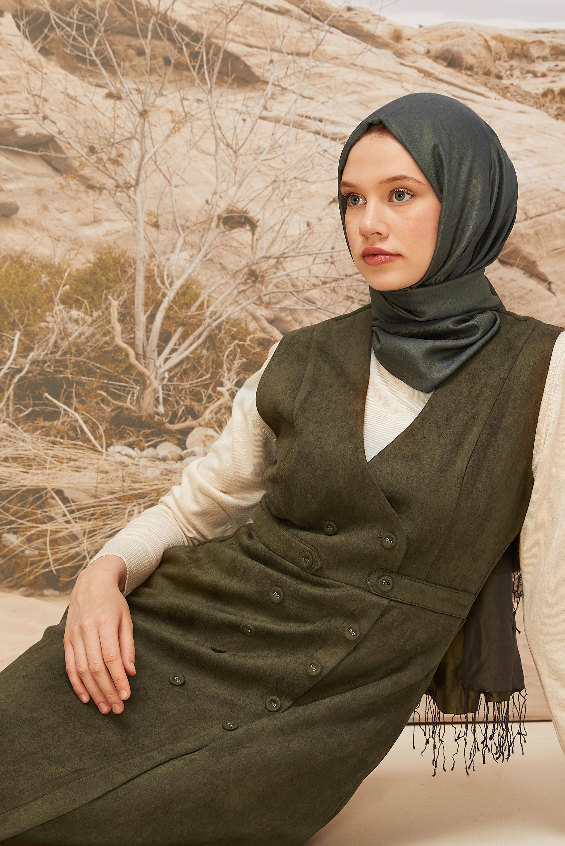 Tesettür giyim HAKİ SÜET JİLE ELBİSE 45947