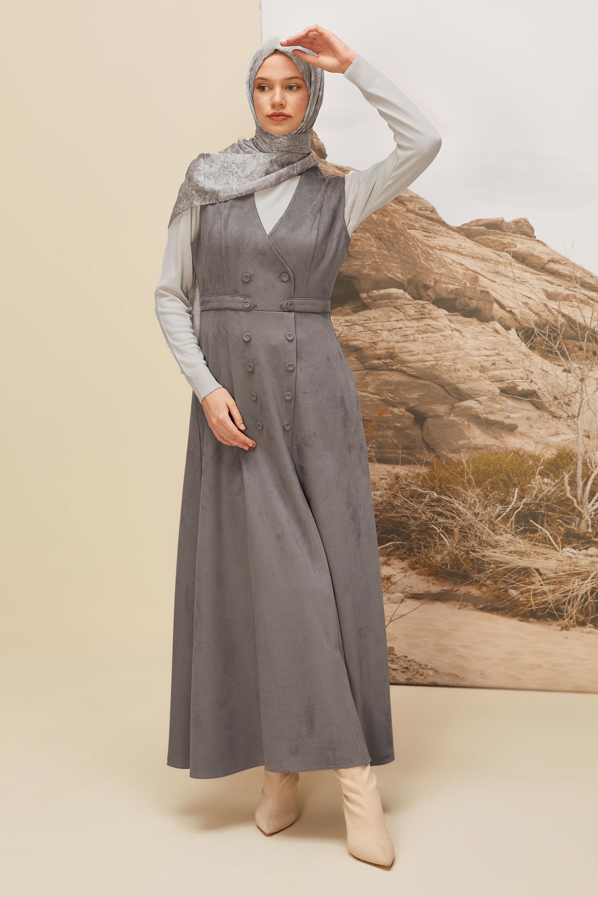 Tesettür giyim GRİ SÜET JİLE ELBİSE 45947