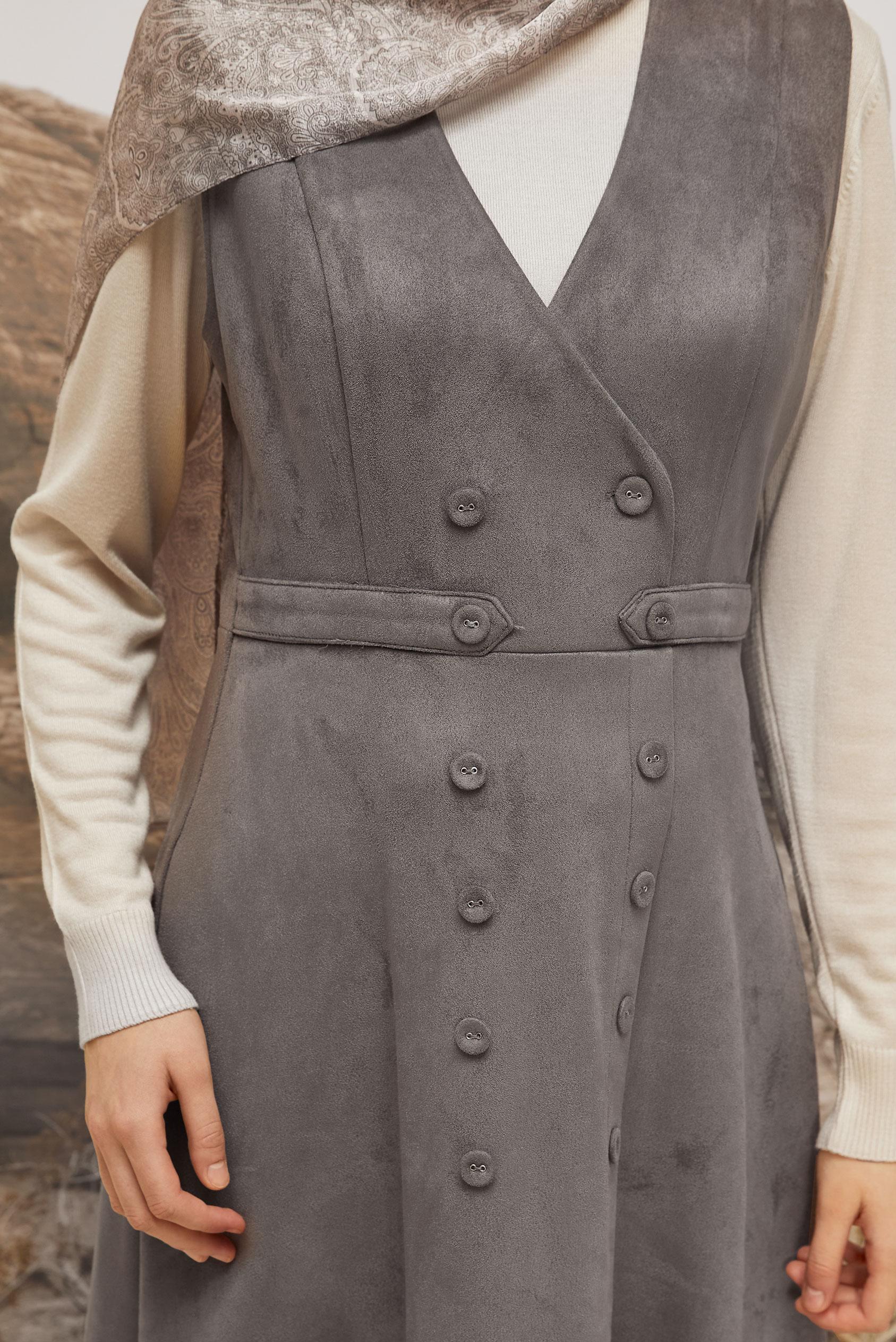 Tesettür giyim GRİ SÜET JİLE ELBİSE 45947