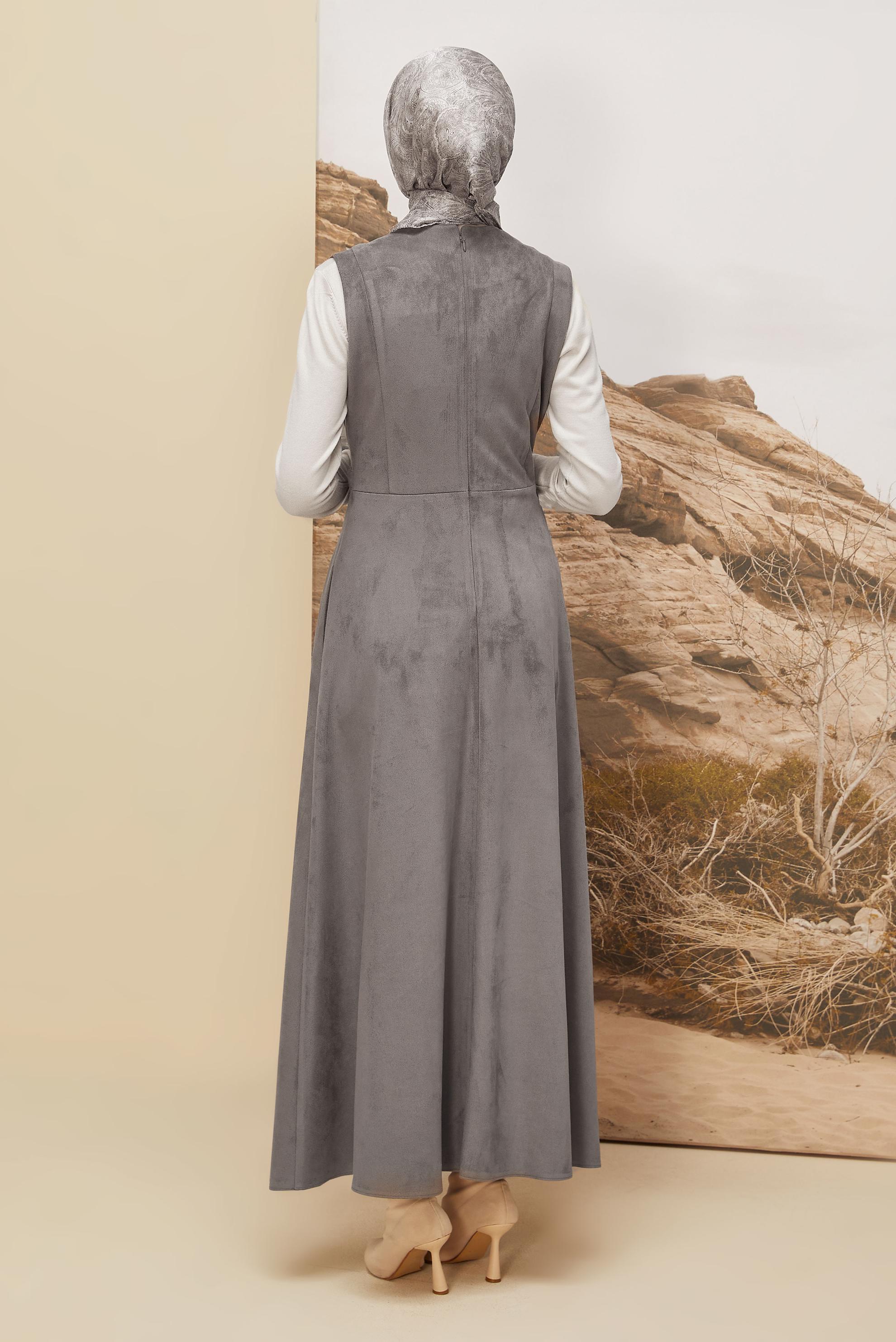 Tesettür giyim GRİ SÜET JİLE ELBİSE 45947
