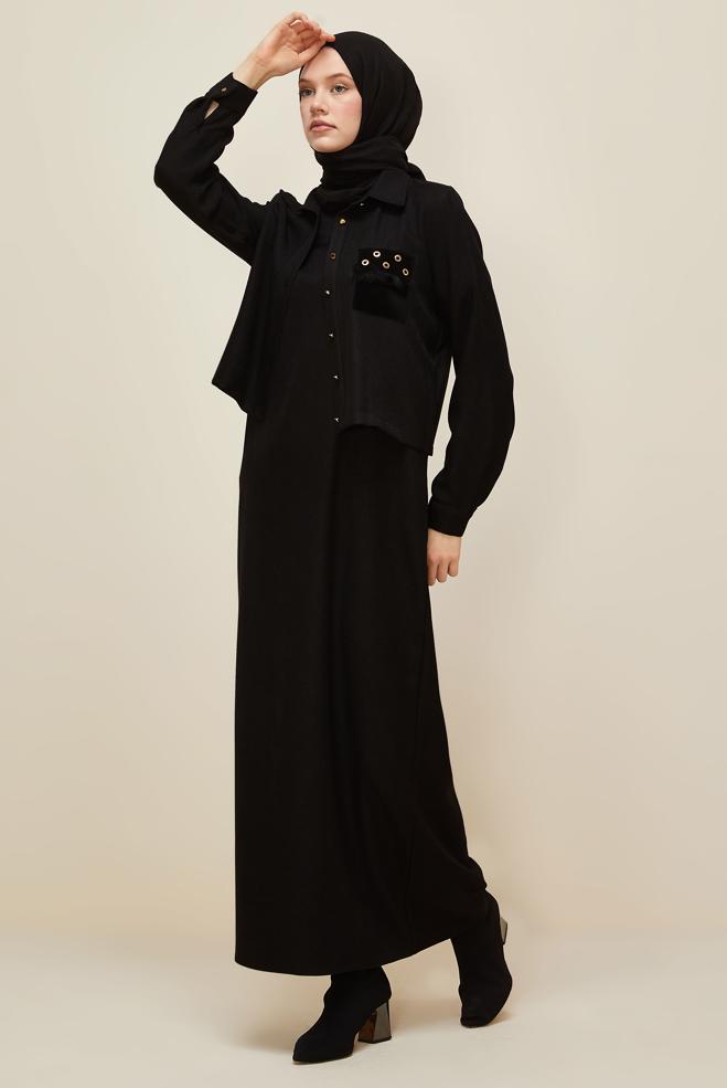 Vêtements hijab NOIR ENSEMBLE VESTE ET ROBE 45948 - ALVİNA