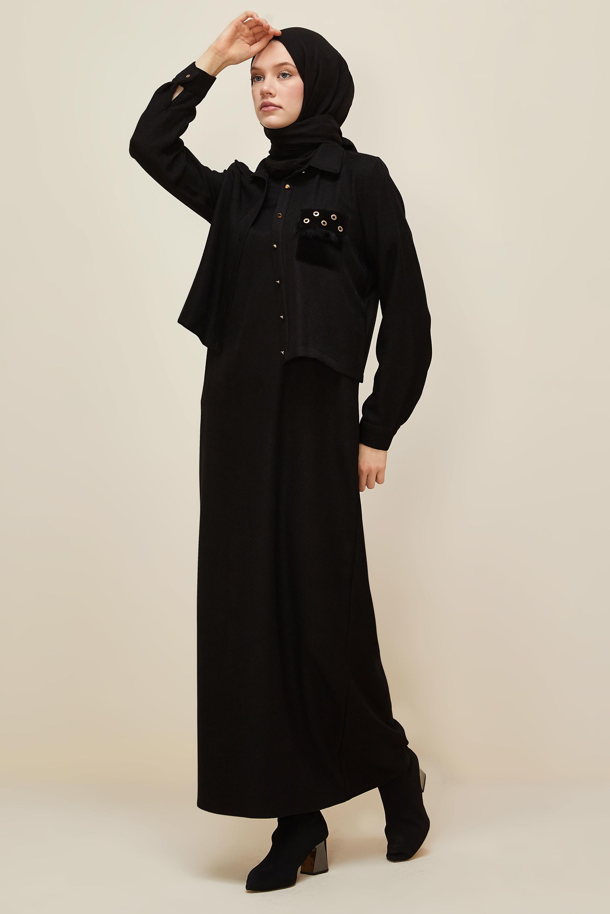 Vêtements hijab NOIR ENSEMBLE VESTE ET ROBE 45948