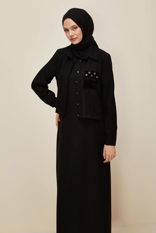 Vêtements hijab NOIR ENSEMBLE VESTE ET ROBE 45948 - ALVİNA