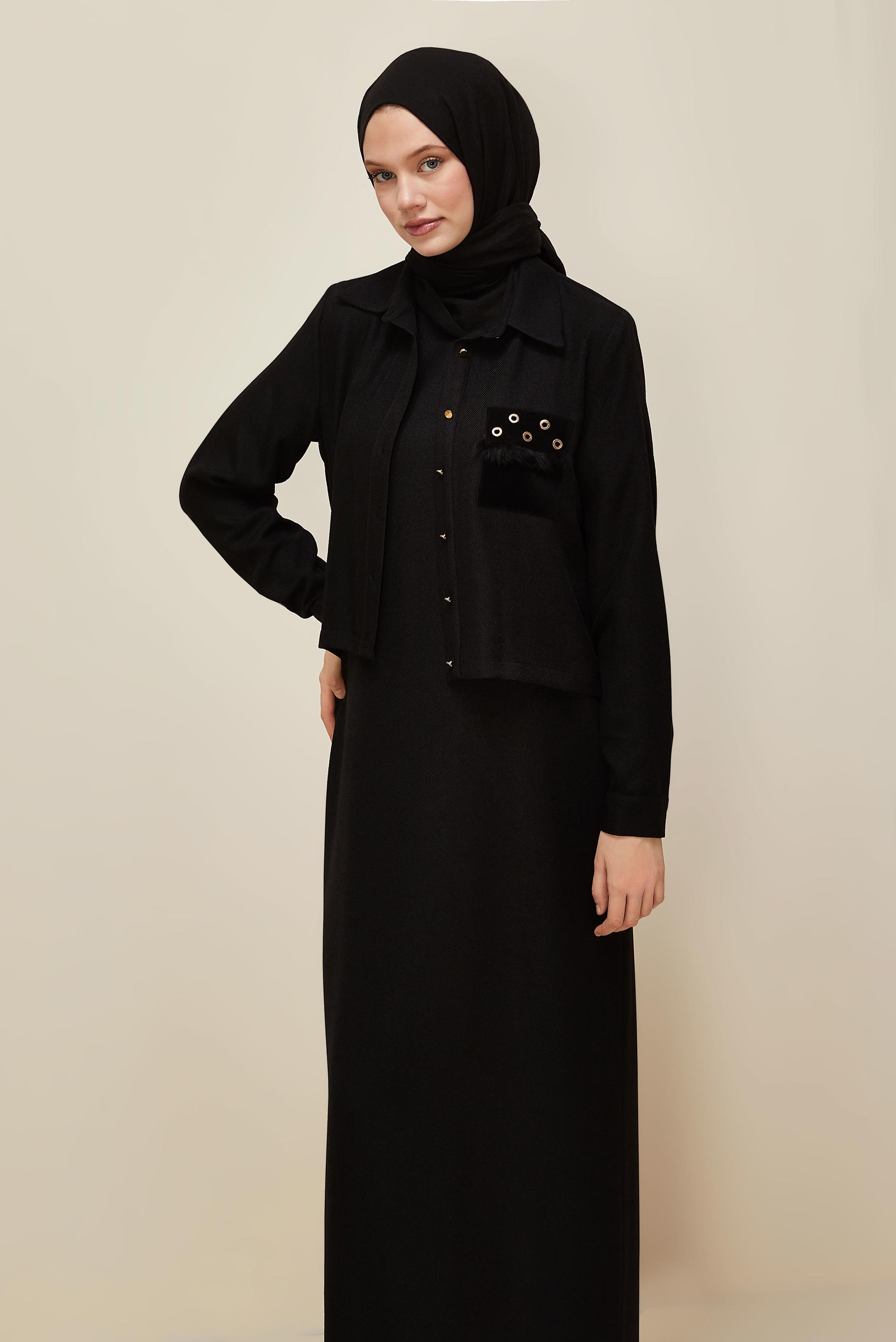 Vêtements hijab NOIR ENSEMBLE VESTE ET ROBE 45948