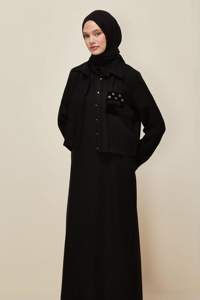 Vêtements hijab NOIR ENSEMBLE VESTE ET ROBE 45948 - ALVİNA