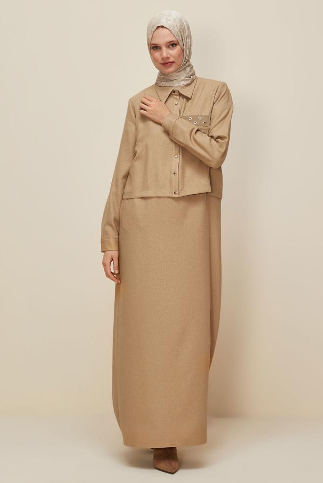 Vêtements hijab BEIGE ENSEMBLE VESTE ET ROBE 45948 - ALVİNA