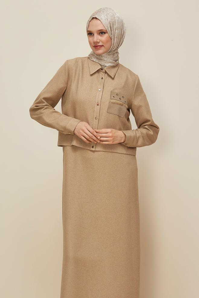 Vêtements hijab BEIGE ENSEMBLE VESTE ET ROBE 45948 - ALVİNA