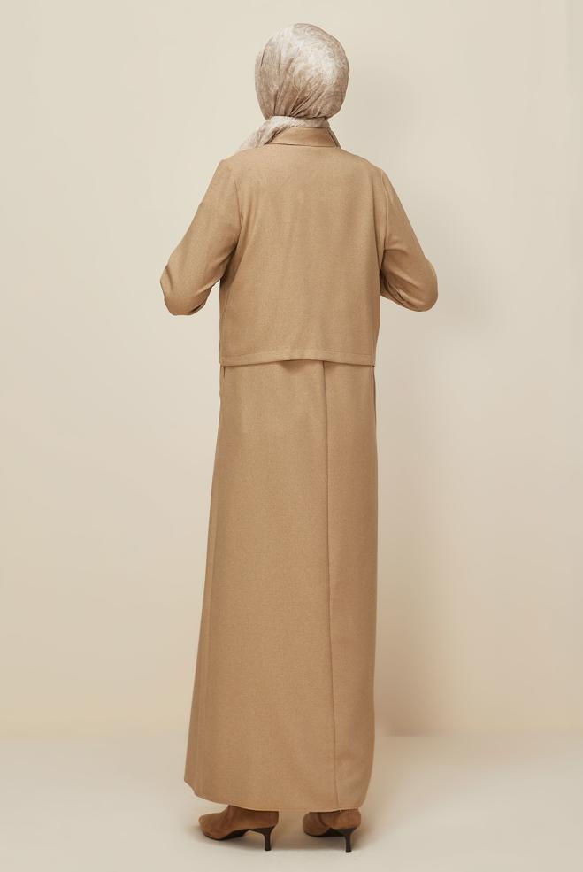 Vêtements hijab BEIGE ENSEMBLE VESTE ET ROBE 45948 - ALVİNA