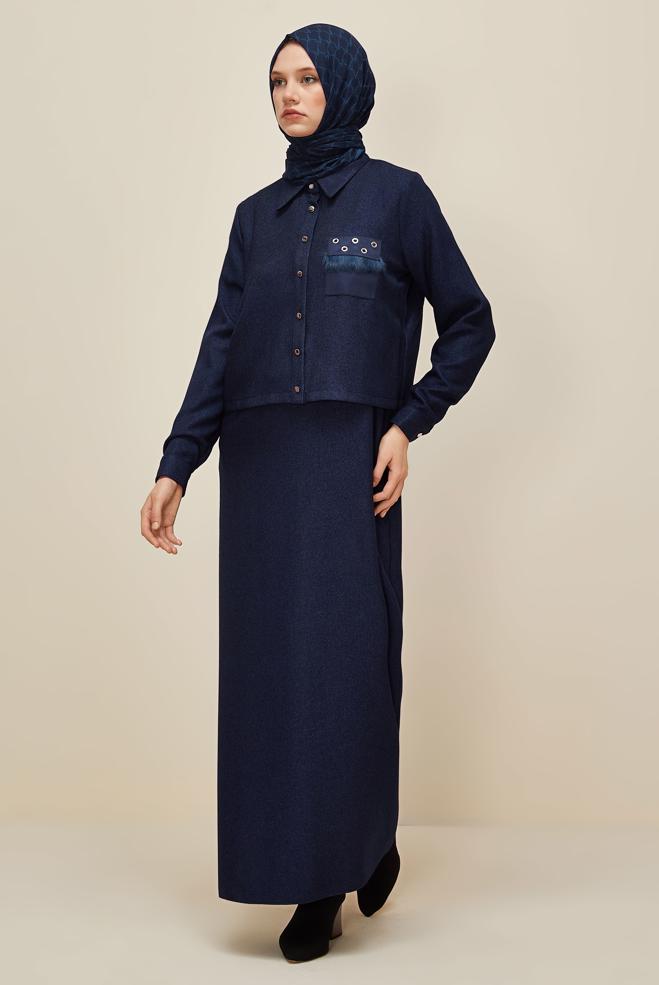 Vêtements hijab BLEU MARINE ENSEMBLE VESTE ET ROBE 45948 - ALVİNA