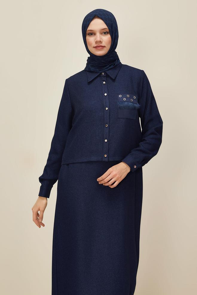 Vêtements hijab BLEU MARINE ENSEMBLE VESTE ET ROBE 45948 - ALVİNA