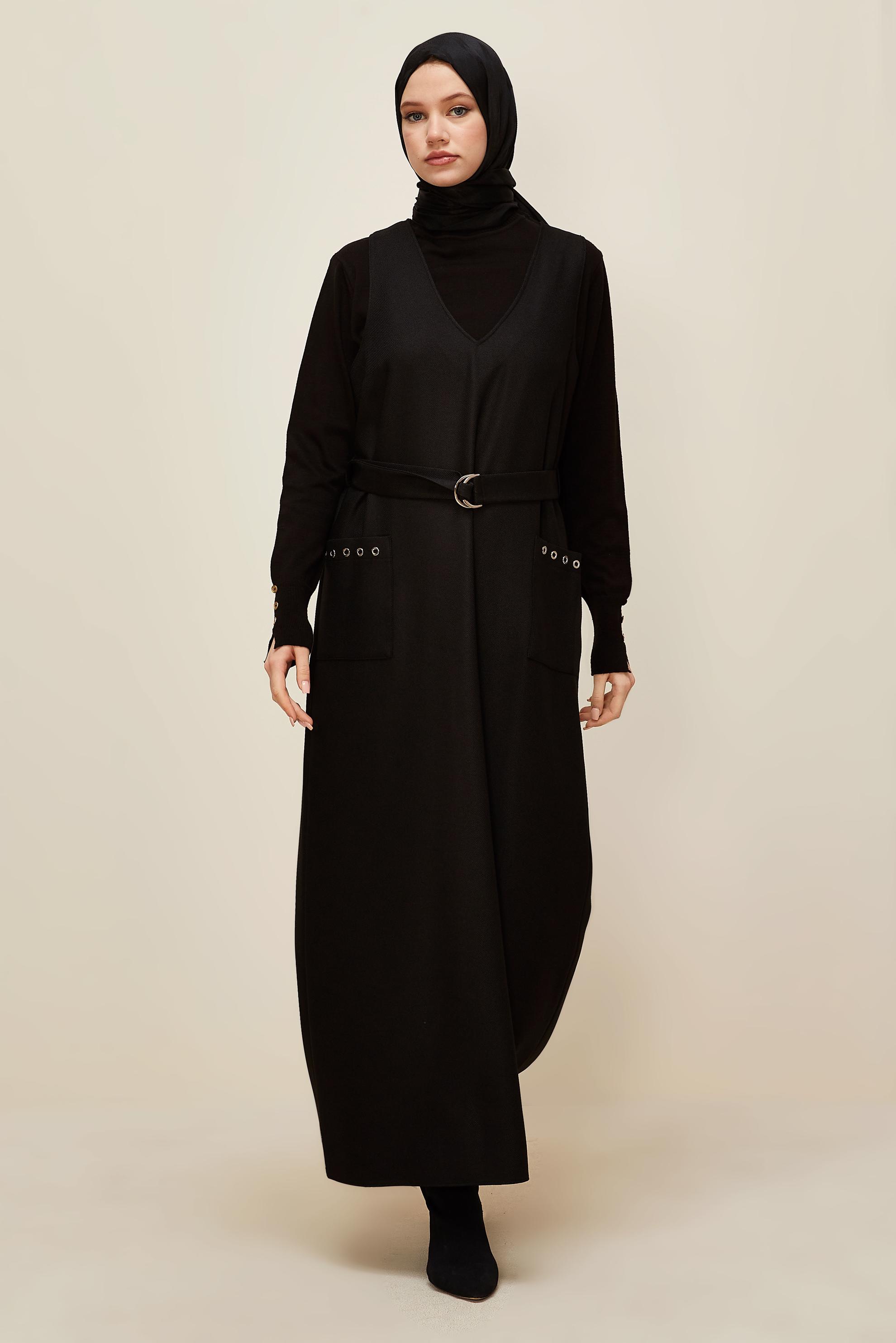 Hijab clothing BLACK BELTED PINAFORE DRESS 45950