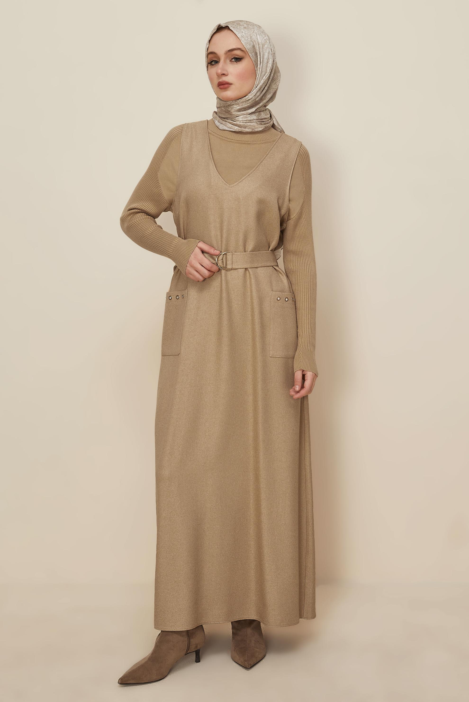 Tesettür giyim BEJ KEMERLİ JİLE ELBİSE 45950