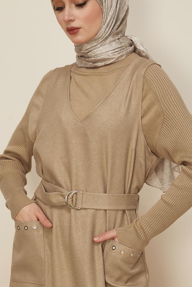 Tesettür giyim BEJ KEMERLİ JİLE ELBİSE 45950 - ALVİNA