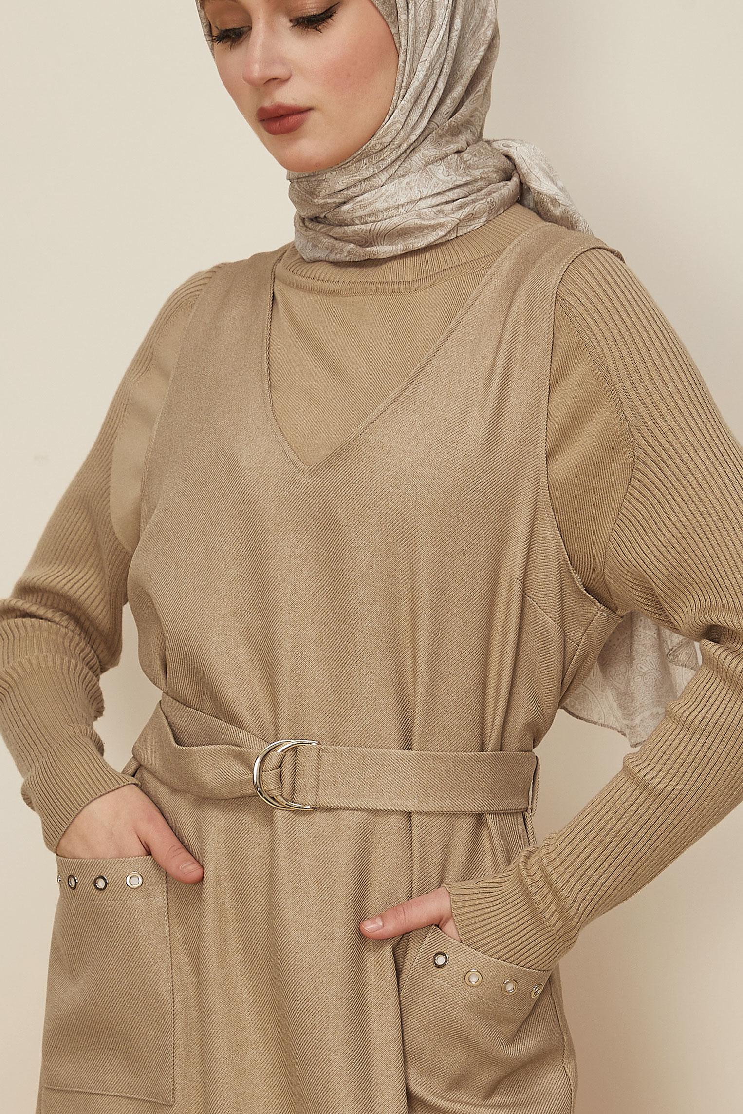 Tesettür giyim BEJ KEMERLİ JİLE ELBİSE 45950