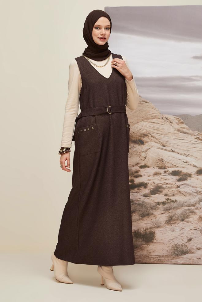 Tesettür giyim KAHVE KEMERLİ JİLE ELBİSE 45950 - ALVİNA