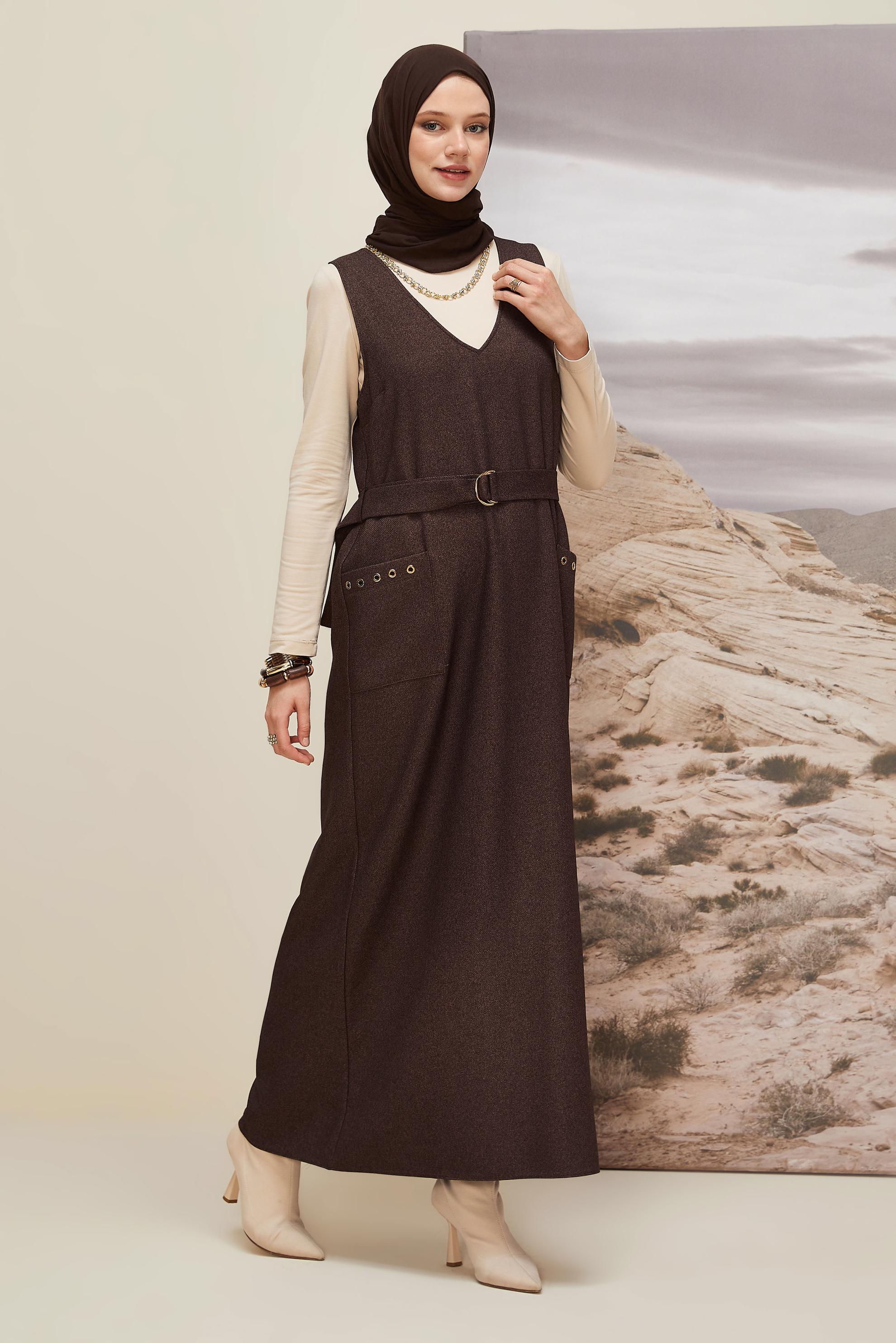 Tesettür giyim KAHVE KEMERLİ JİLE ELBİSE 45950