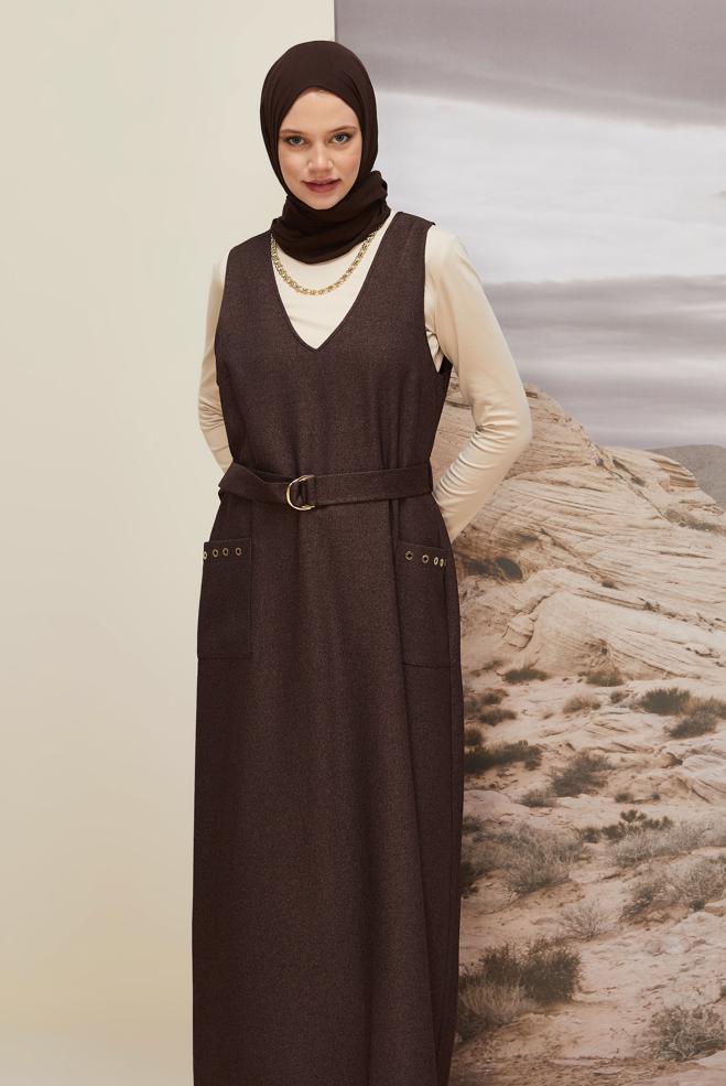 Tesettür giyim KAHVE KEMERLİ JİLE ELBİSE 45950 - ALVİNA