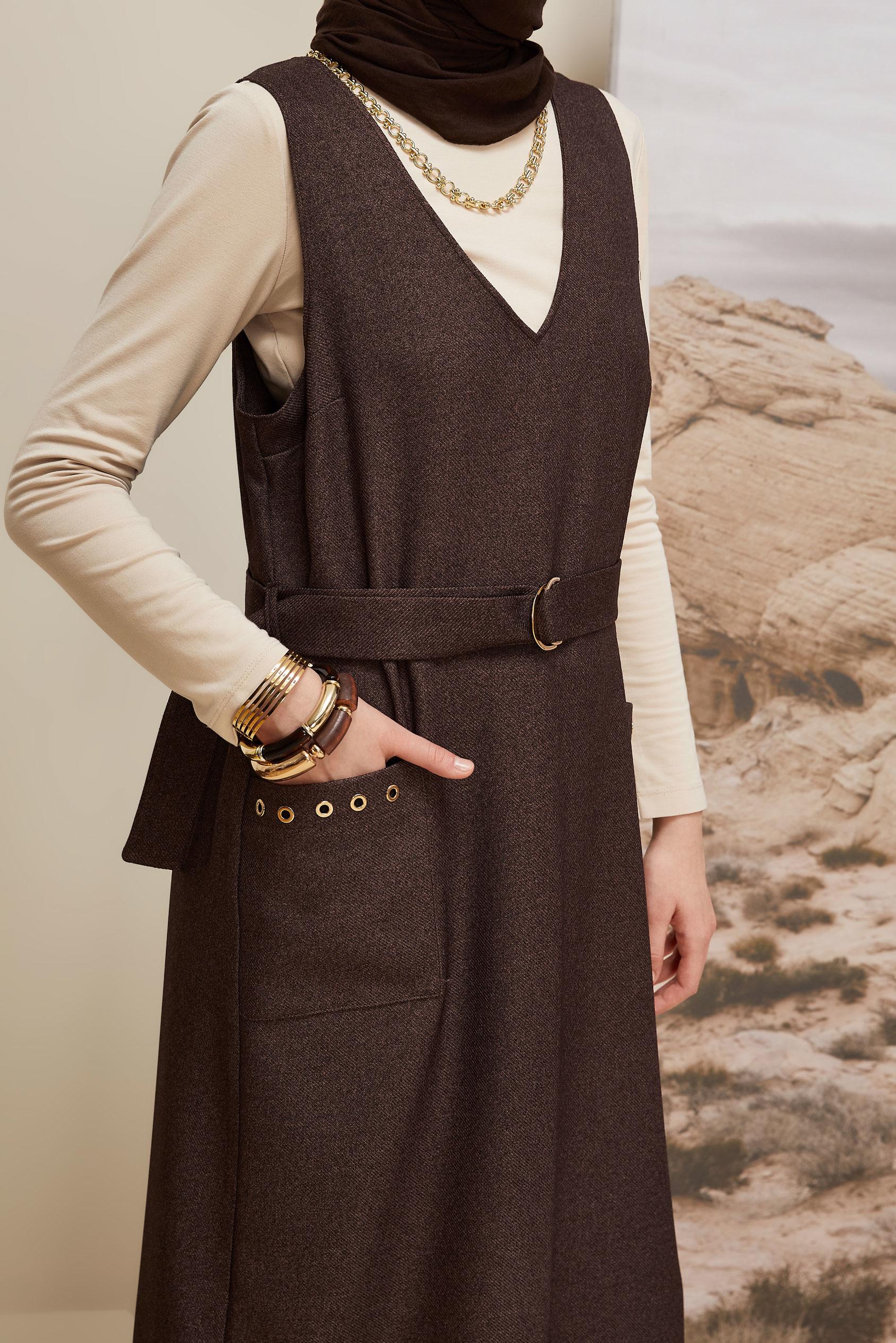 Tesettür giyim KAHVE KEMERLİ JİLE ELBİSE 45950