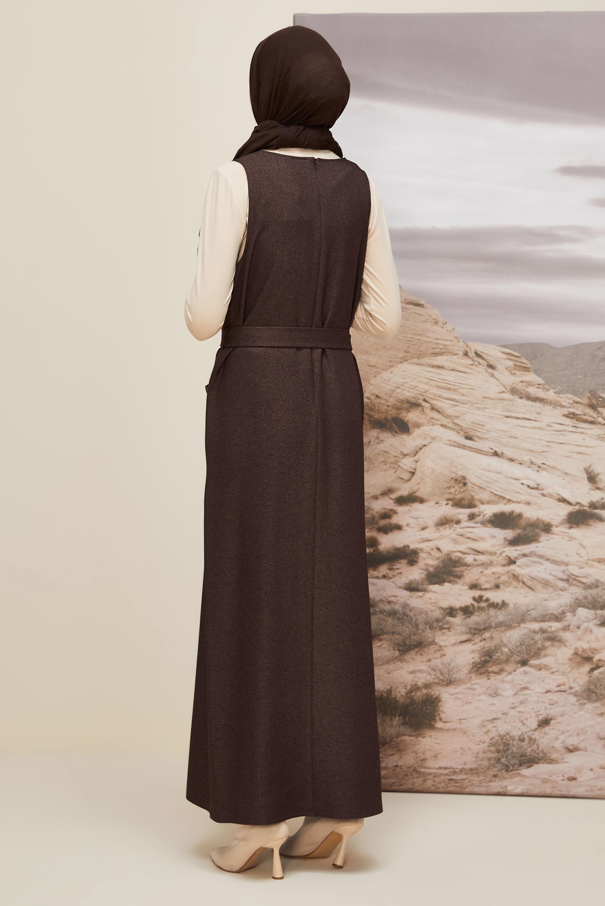 Tesettür giyim KAHVE KEMERLİ JİLE ELBİSE 45950