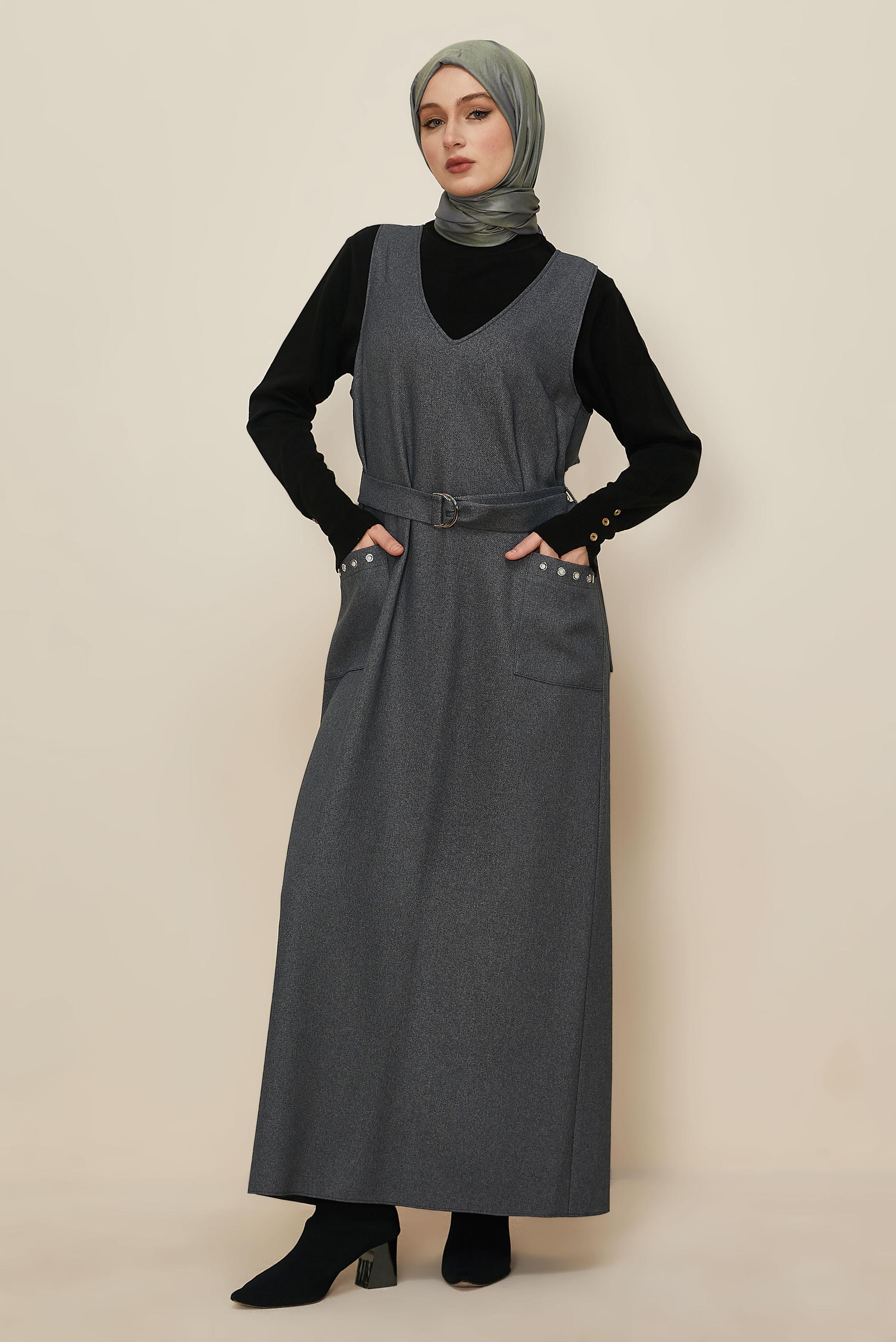 Tesettür giyim GRİ KEMERLİ JİLE ELBİSE 45950