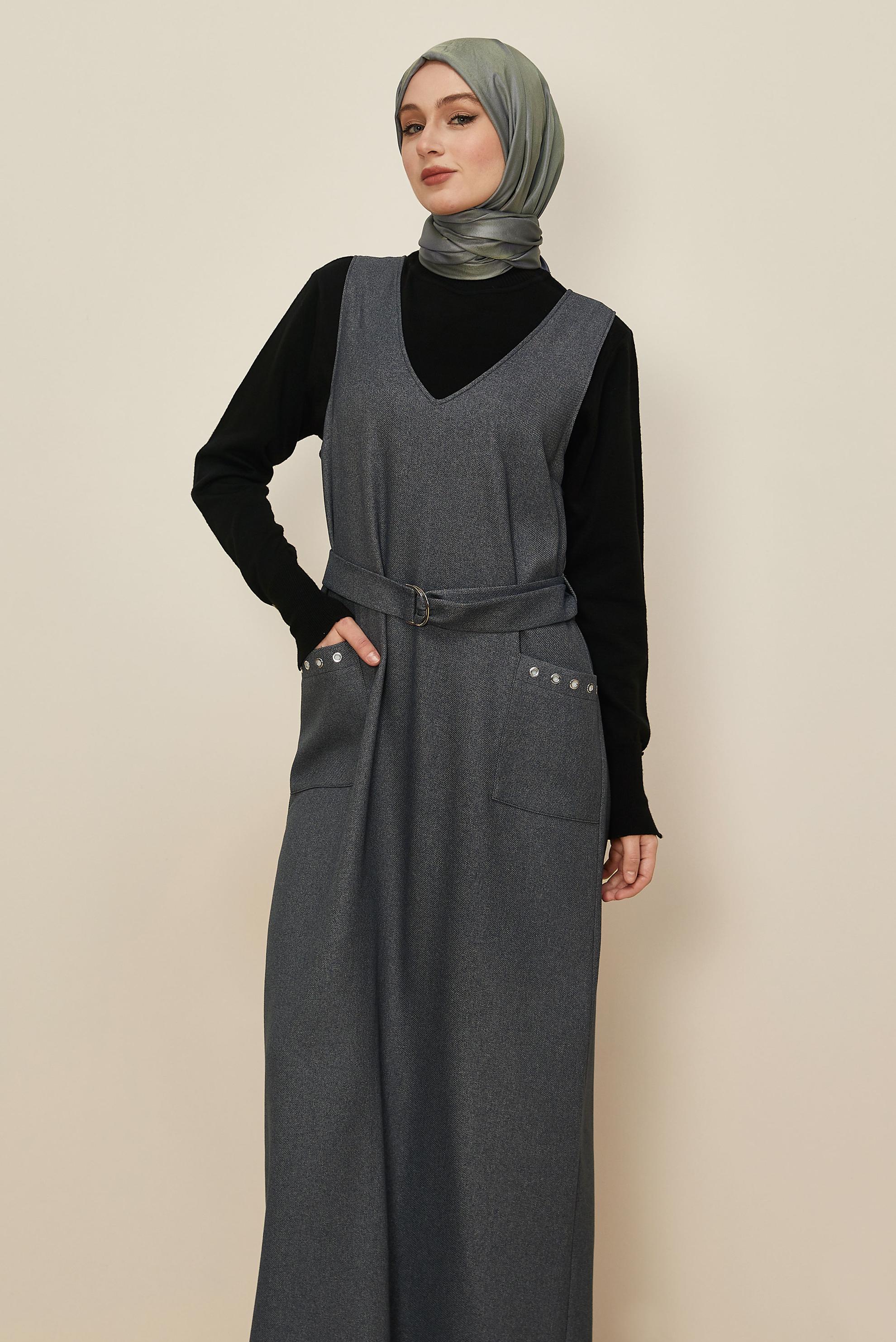 Tesettür giyim GRİ KEMERLİ JİLE ELBİSE 45950