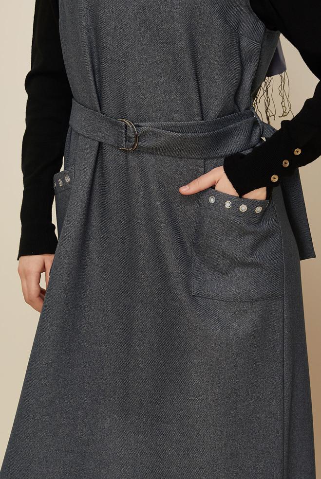 Tesettür giyim GRİ KEMERLİ JİLE ELBİSE 45950 - ALVİNA