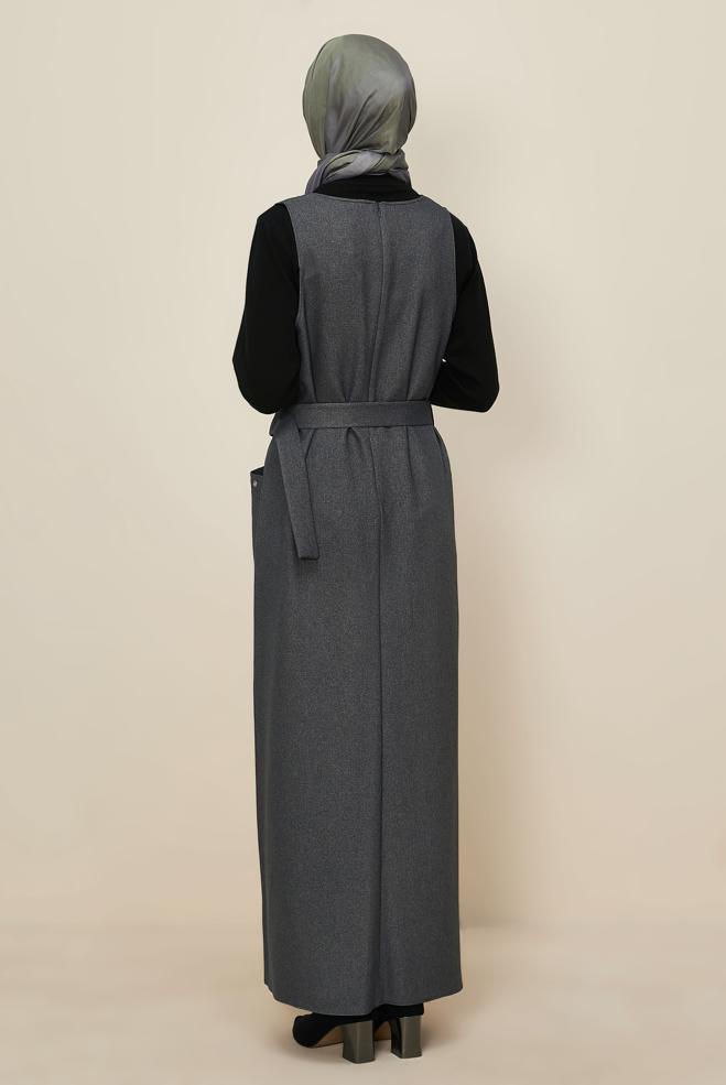 Tesettür giyim GRİ KEMERLİ JİLE ELBİSE 45950 - ALVİNA