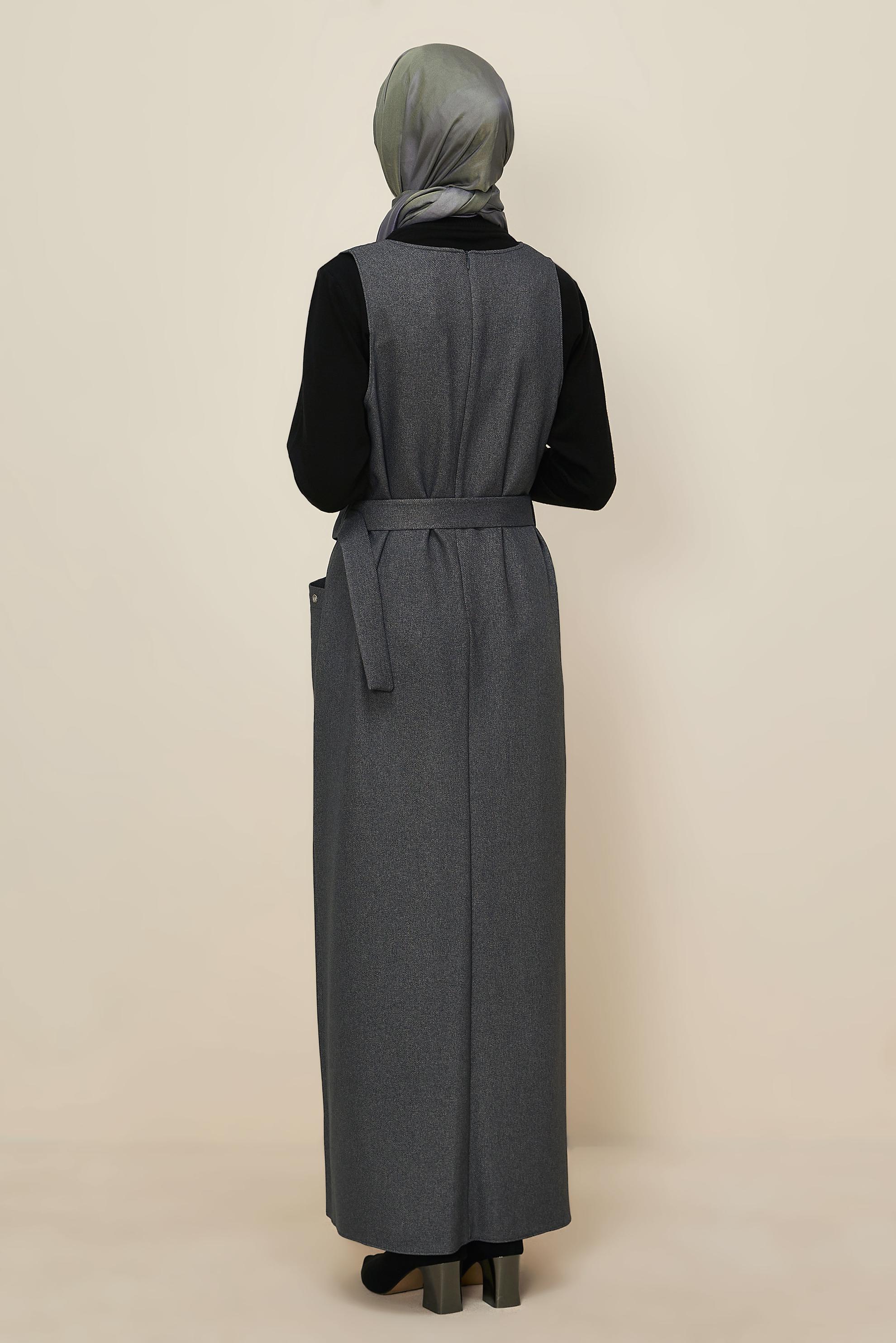 Tesettür giyim GRİ KEMERLİ JİLE ELBİSE 45950