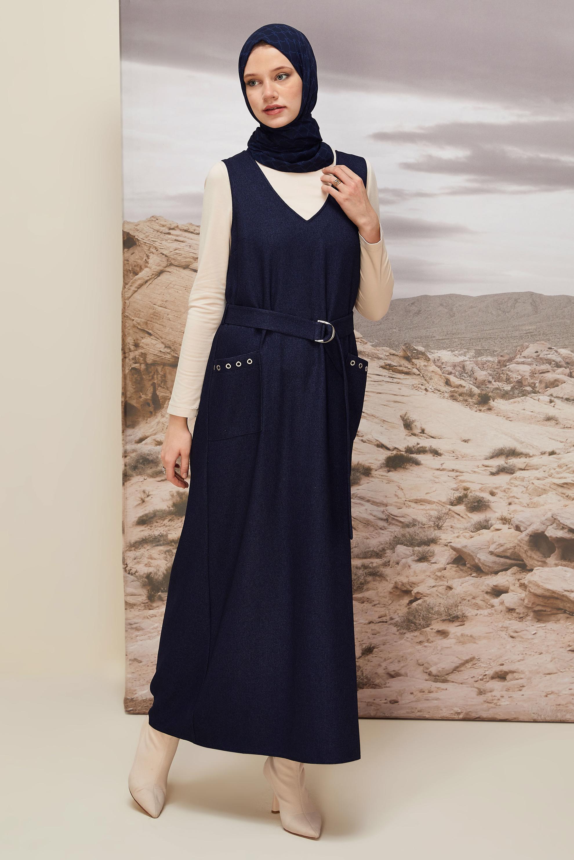 Tesettür giyim LACİVERT KEMERLİ JİLE ELBİSE 45950