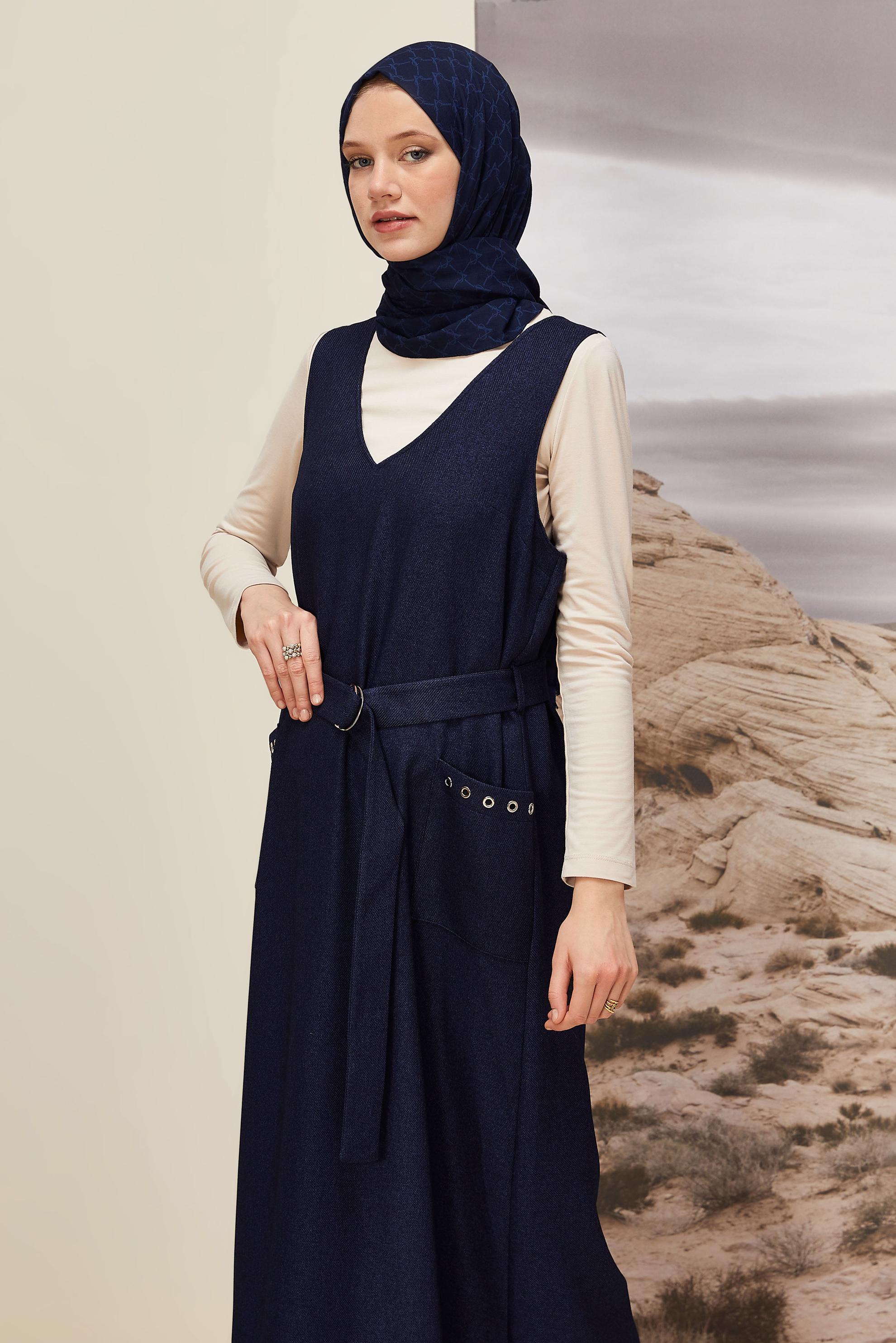 Tesettür giyim LACİVERT KEMERLİ JİLE ELBİSE 45950