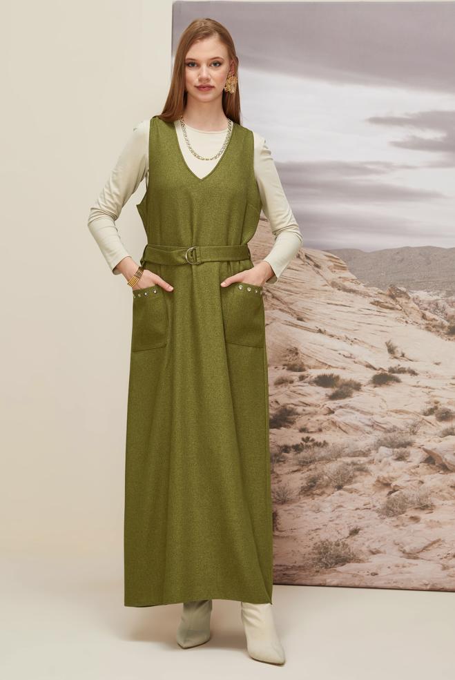 Vêtements hijab BEIGE ROBE CHASUBLE CEINTURÉE 45950 - ALVİNA