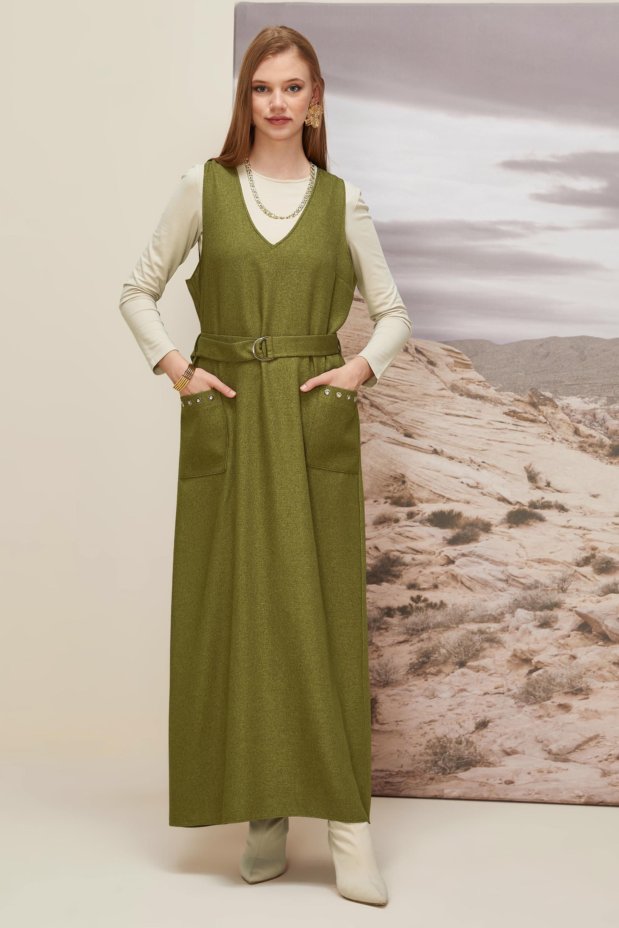 Tesettür giyim YEŞİL KEMERLİ JİLE ELBİSE 45950