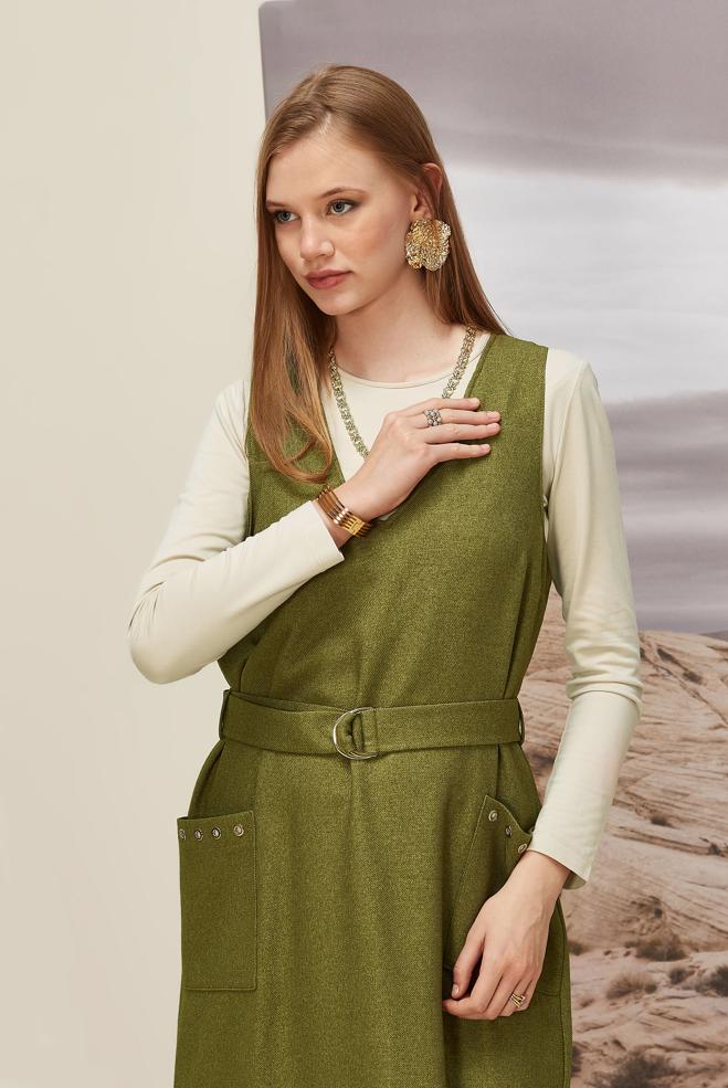 Vêtements hijab BEIGE ROBE CHASUBLE CEINTURÉE 45950 - ALVİNA