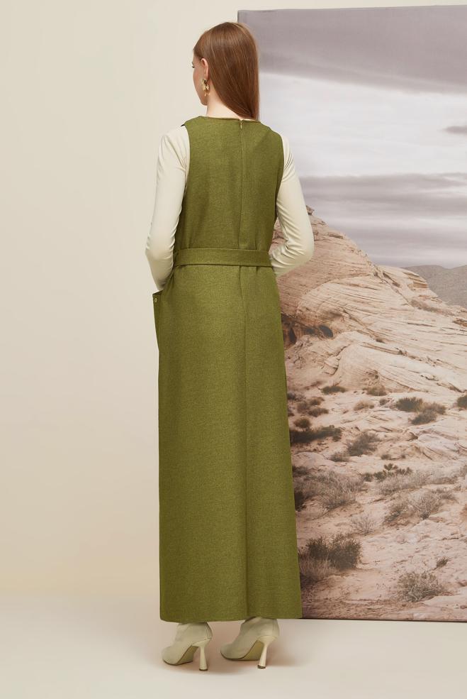 Vêtements hijab BEIGE ROBE CHASUBLE CEINTURÉE 45950 - ALVİNA