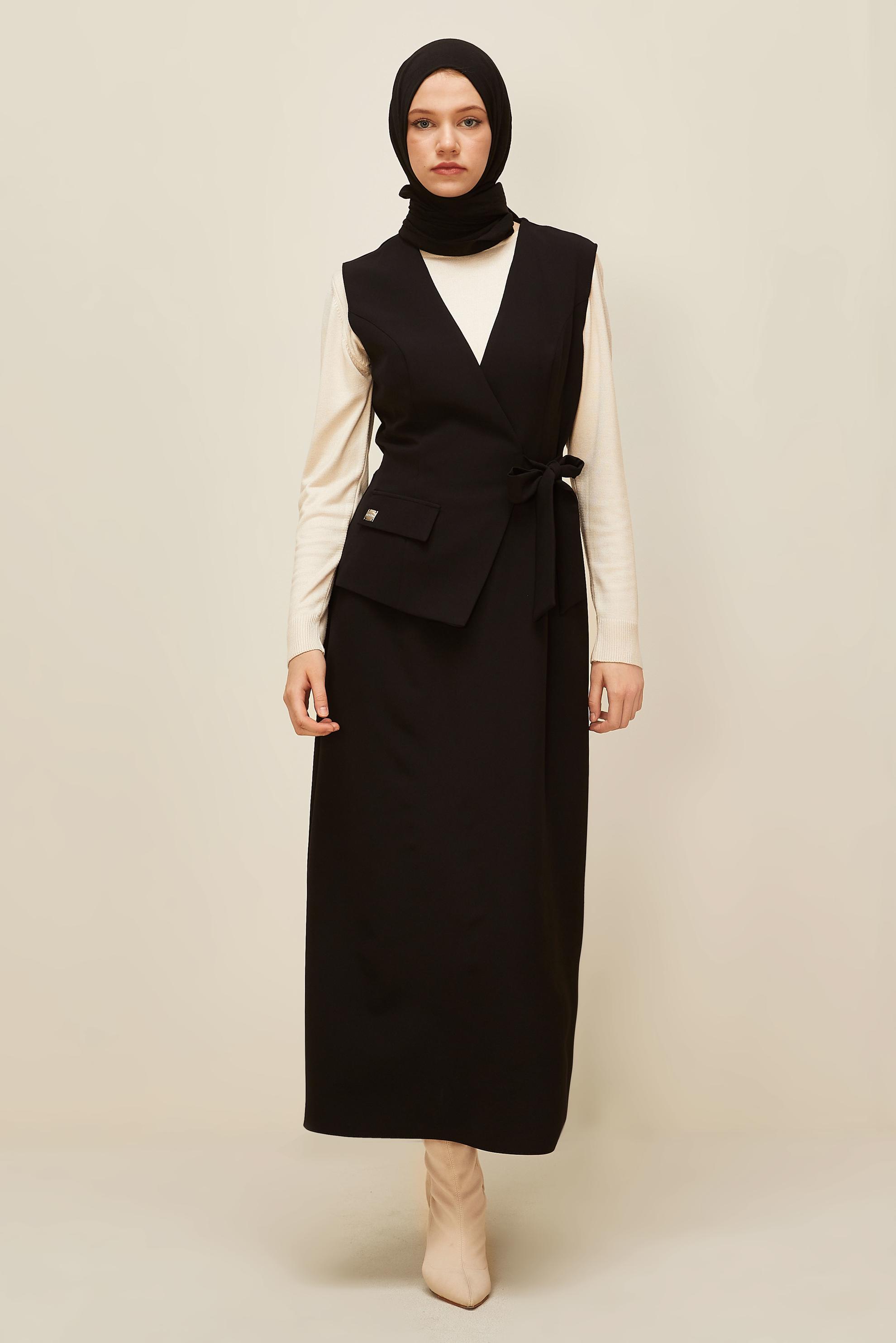 Tesettür giyim SİYAH BAĞLAMA DETAYLI JİLE ELBİSE 45951