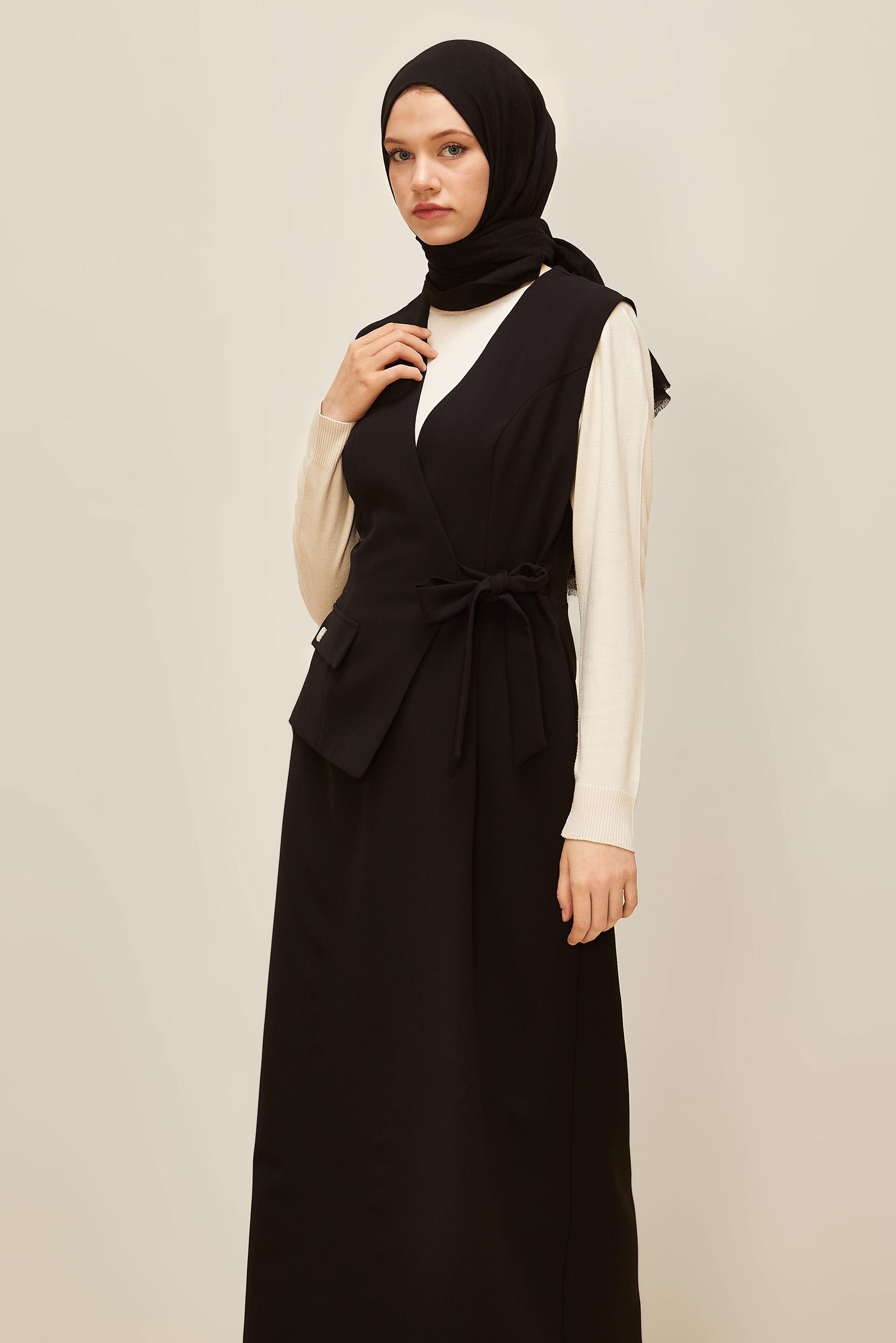 Tesettür giyim SİYAH BAĞLAMA DETAYLI JİLE ELBİSE 45951