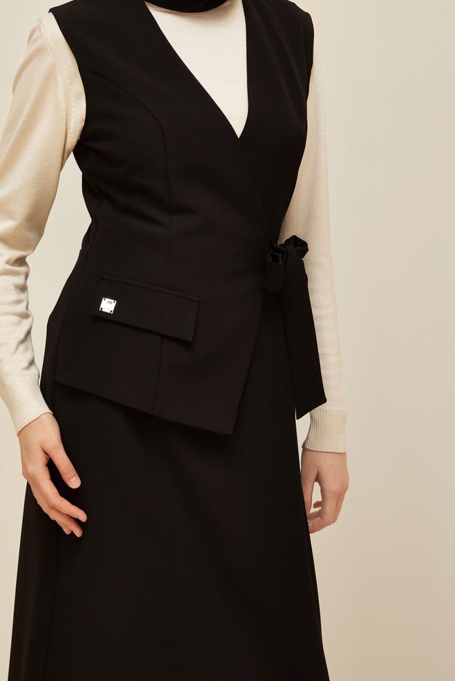 Vêtements hijab NOIR ROBE CHASUBLE NOUÉE 45951 - ALVİNA