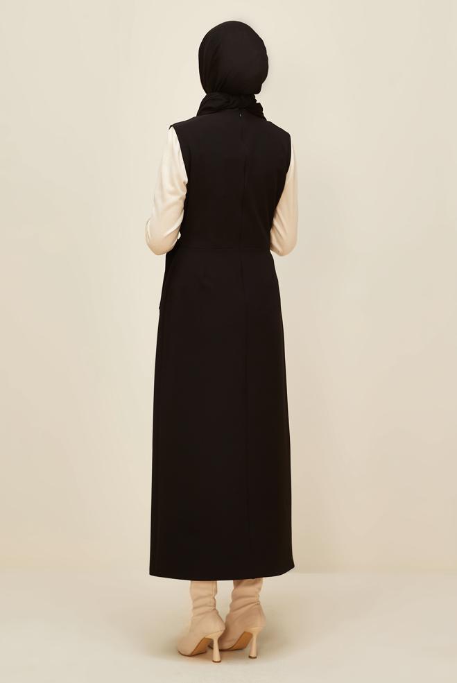 Vêtements hijab NOIR ROBE CHASUBLE NOUÉE 45951 - ALVİNA