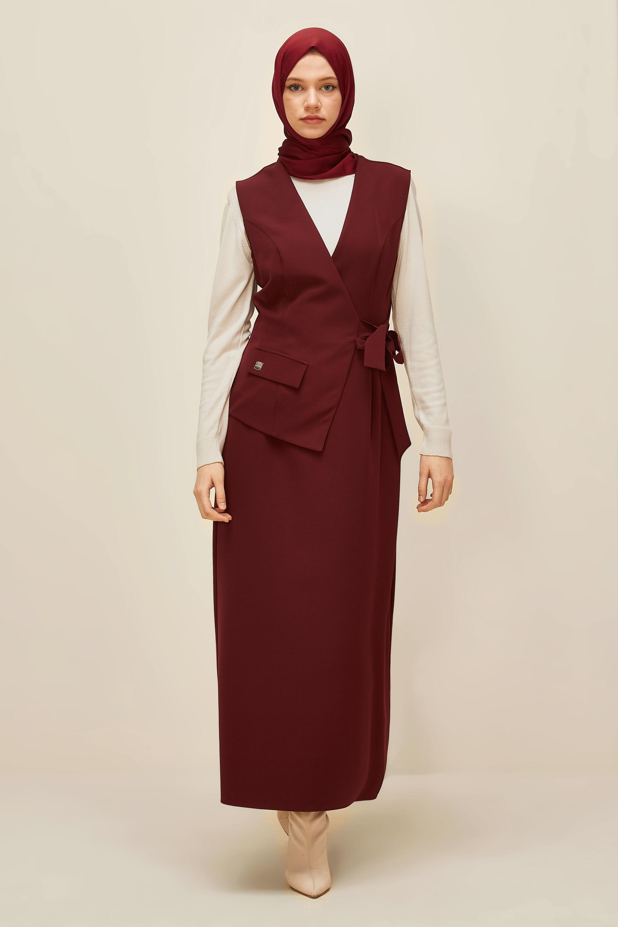 Tesettür giyim BORDO BAĞLAMA DETAYLI JİLE ELBİSE 45951