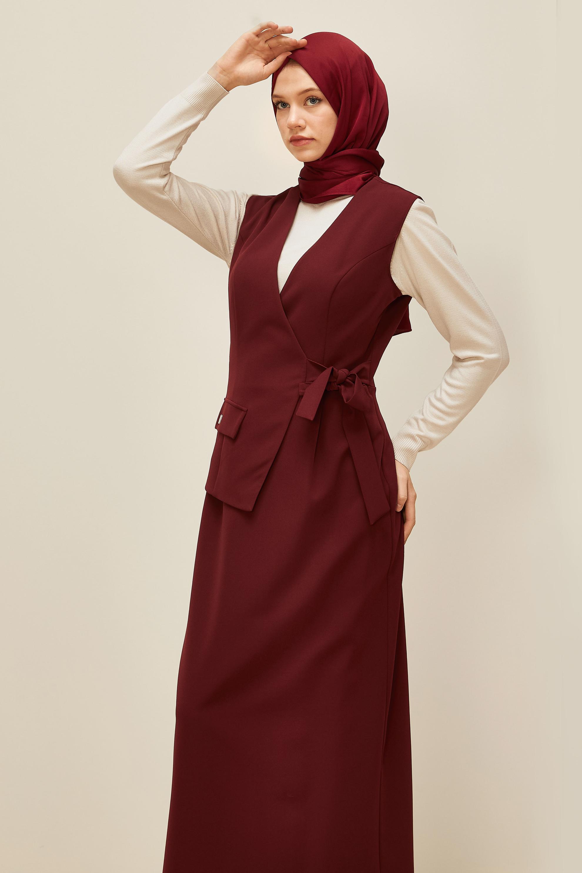 Tesettür giyim BORDO BAĞLAMA DETAYLI JİLE ELBİSE 45951