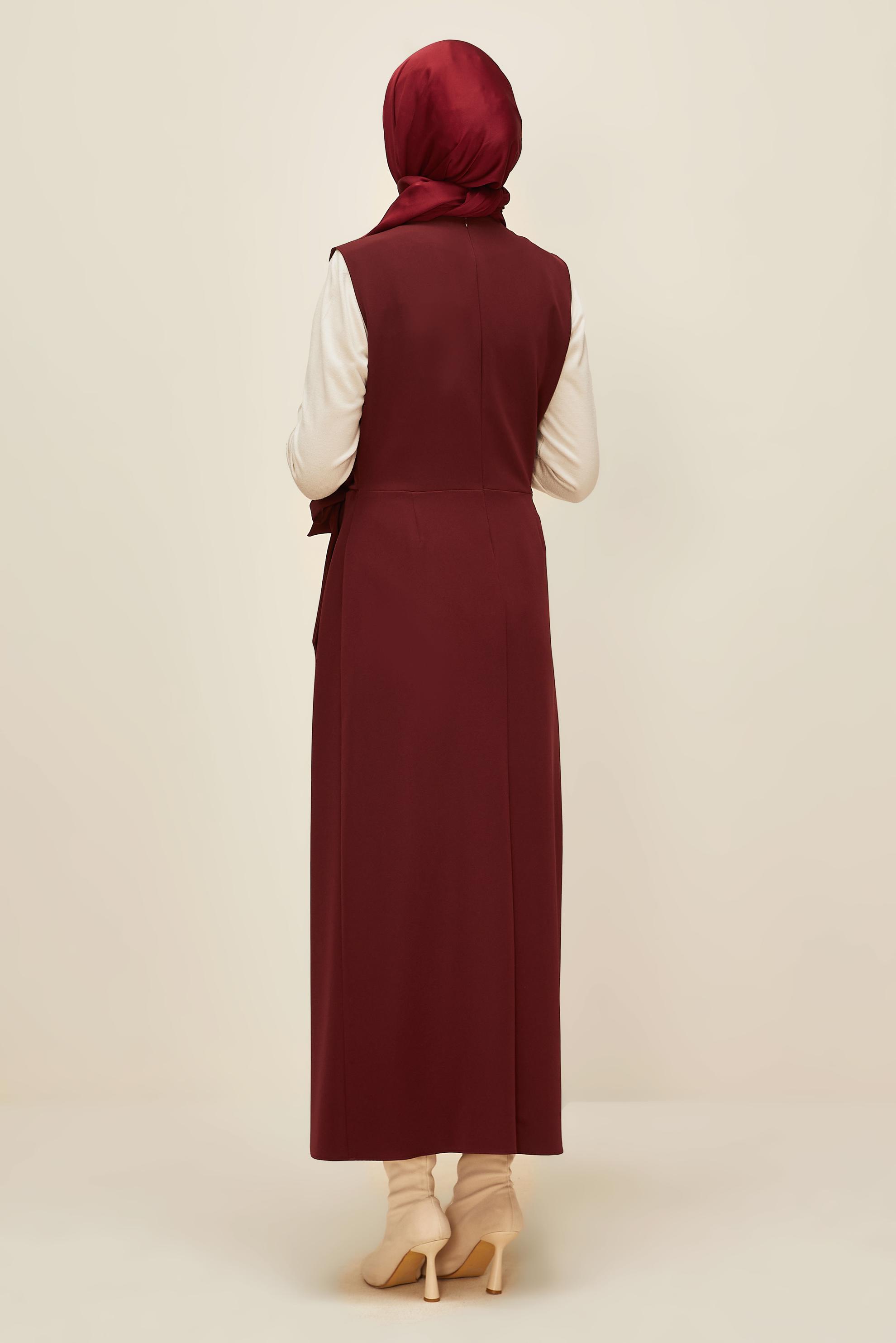 Tesettür giyim BORDO BAĞLAMA DETAYLI JİLE ELBİSE 45951