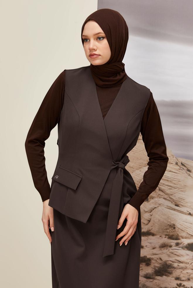 Hijab clothing BROWN TIED PINAFORE DRESS 45951 - ALVİNA
