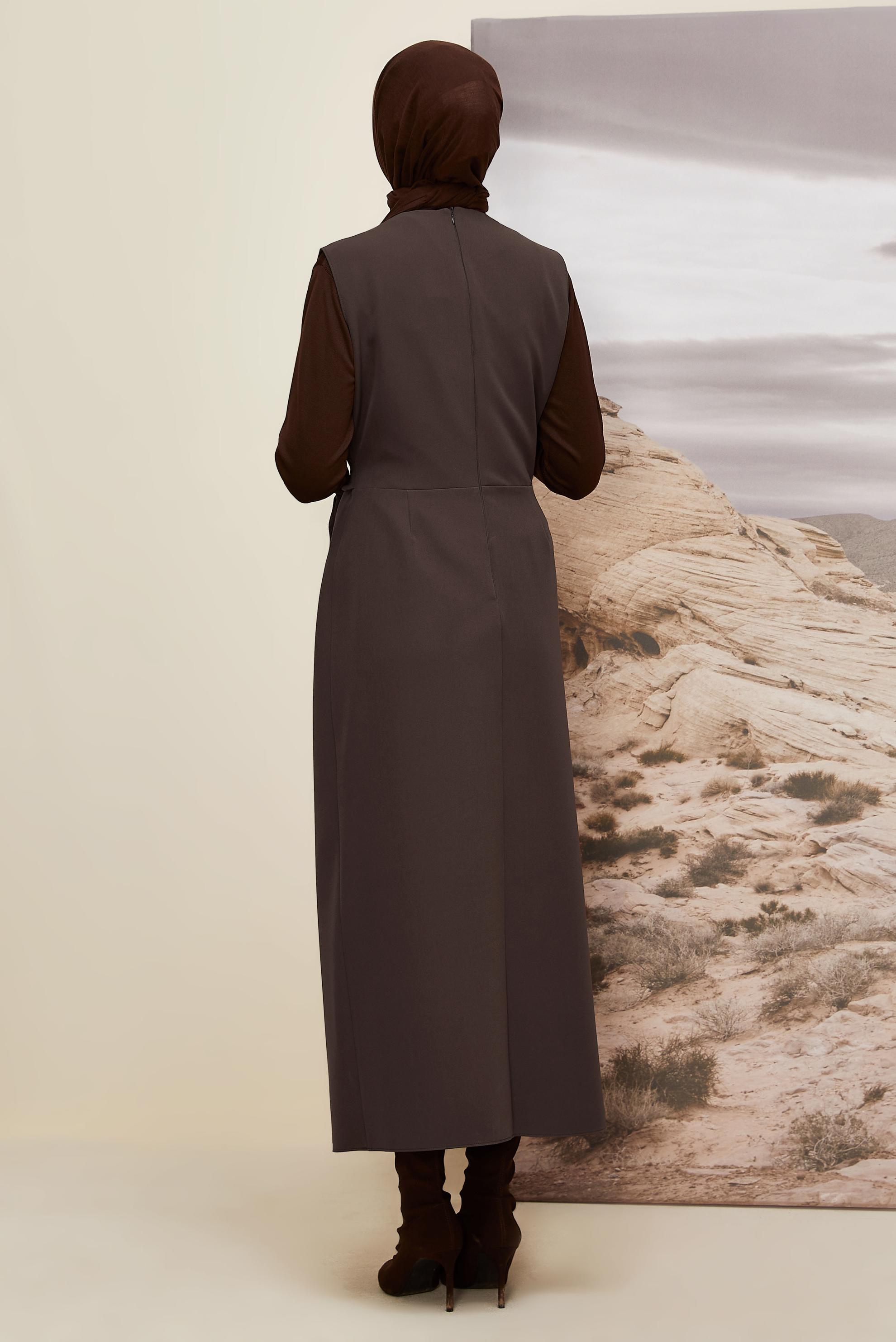 Tesettür giyim KAHVE BAĞLAMA DETAYLI JİLE ELBİSE 45951