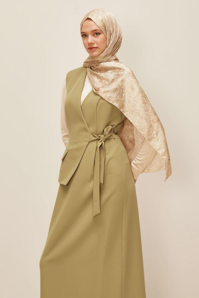 Vêtements hijab BEIGE ROBE CHASUBLE NOUÉE 45951 - ALVİNA