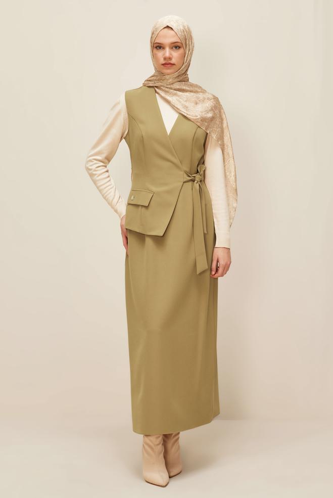 Vêtements hijab BEIGE ROBE CHASUBLE NOUÉE 45951 - ALVİNA