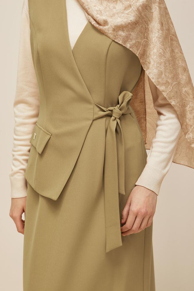 Vêtements hijab BEIGE ROBE CHASUBLE NOUÉE 45951 - ALVİNA