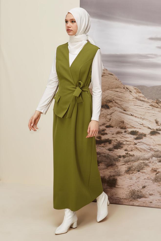 Hijab clothing GREEN TIED PINAFORE DRESS 45951 - ALVİNA
